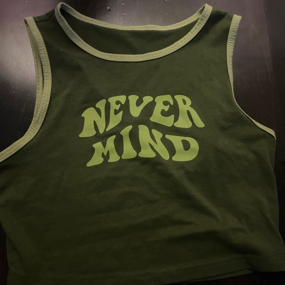 Green “Nevermind” Cropped Graphic Tank Top